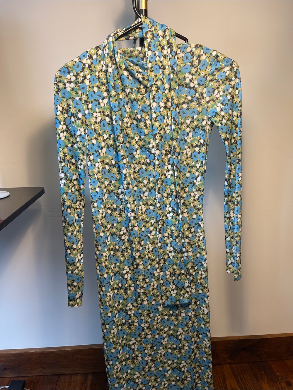 Zara Blue and Green Floral Long-Sleeve Maxi Dress